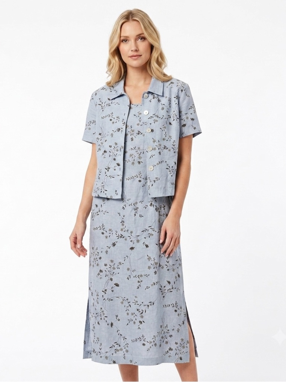 Scarlett Vintage blue 2 Piece Linen Floral Dress Set 
 Size 11/12 Midi